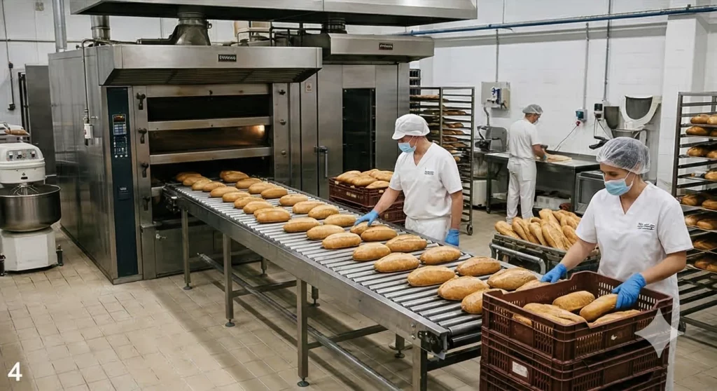 Vista interior de una planta de procesamiento de alimentos con sistemas de impermeabilización de grado alimentario en suelos y paredes.