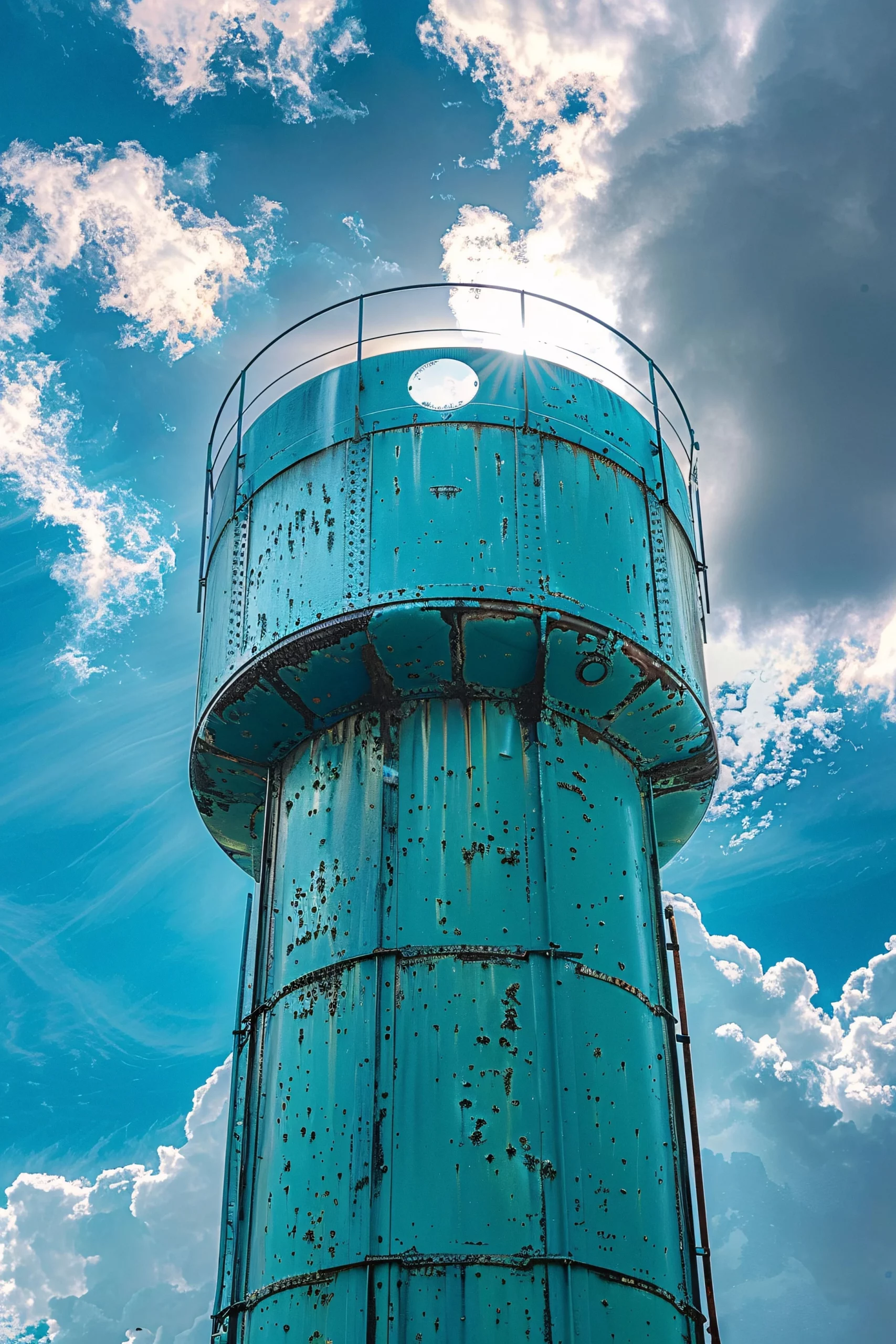 Tanque de agua industrial con óxido visible y descascarillado, mostrando una estructura que requiere urgentemente un recubrimiento de grado alimenticio.