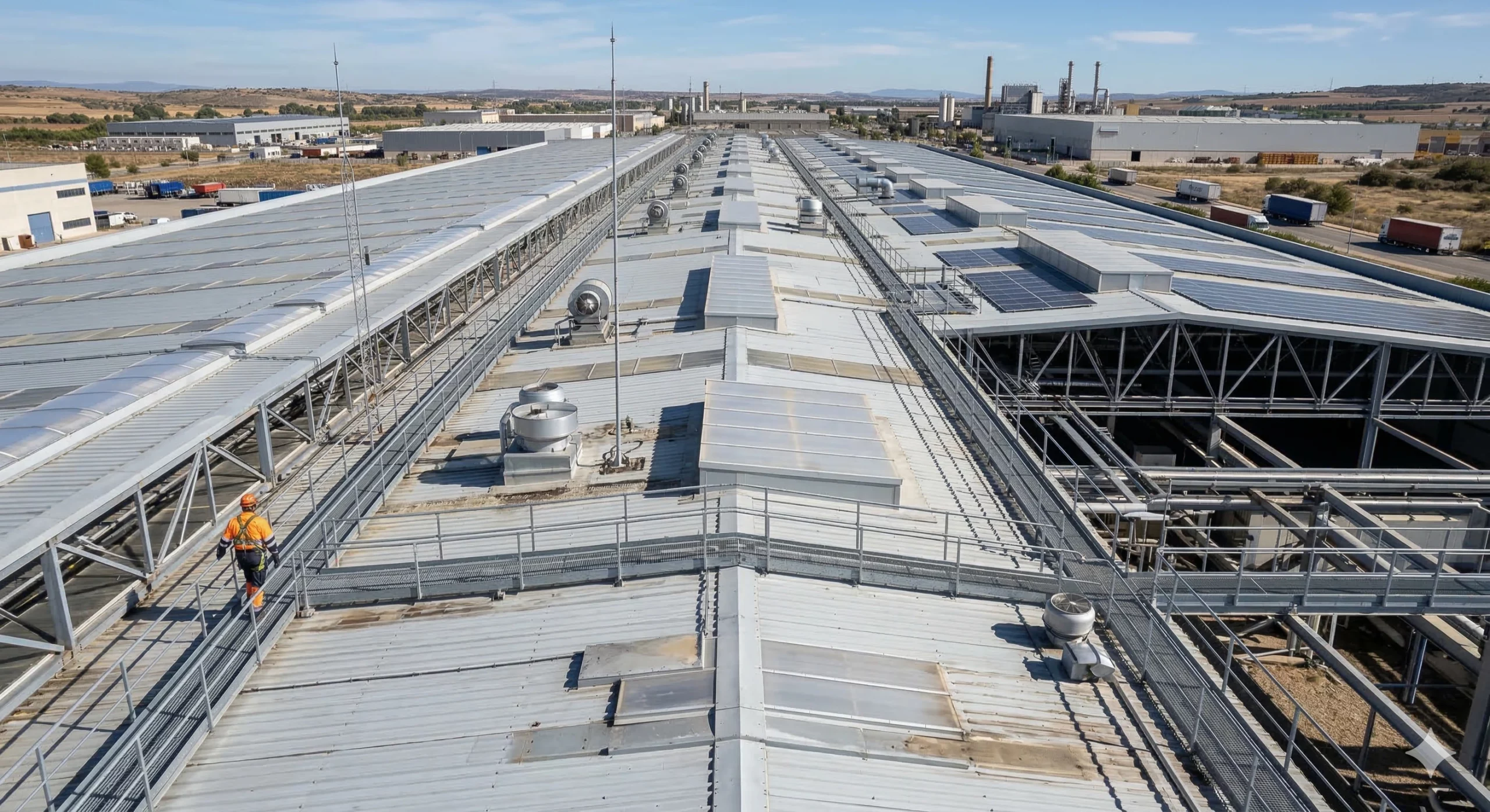 Panorámica de una cubierta industrial en Granada antes de los trabajos de impermeabilización
