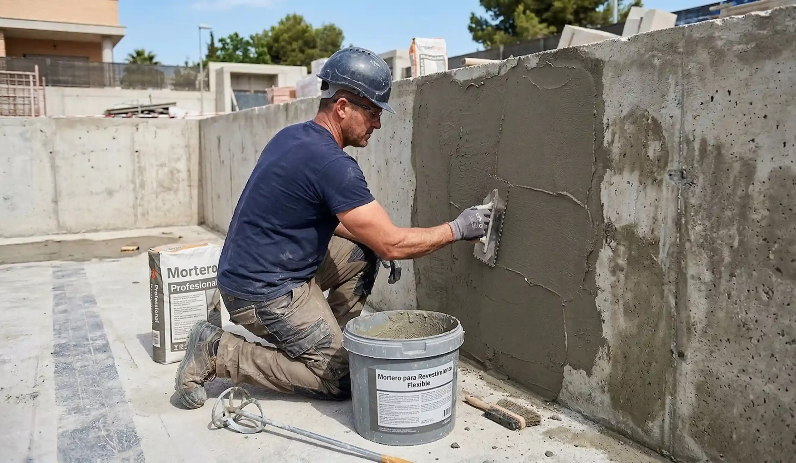 Profesional aplicando mortero impermeabilizante flexible con llana en las paredes de una piscina de obra.