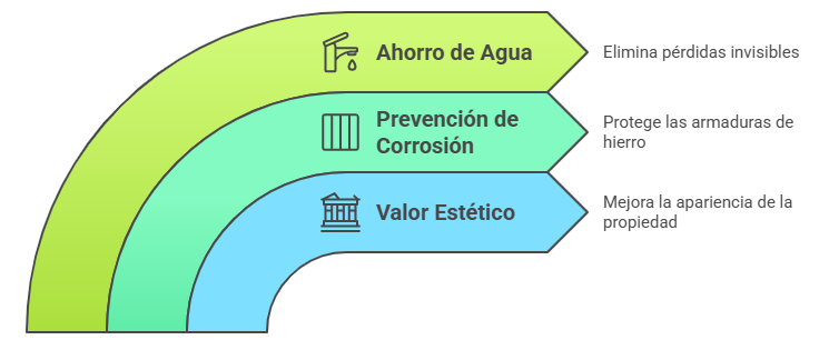 Infografía de ImperFran sobre ahorro de agua, prevención de corrosión y valor estético en impermeabilizaciones.