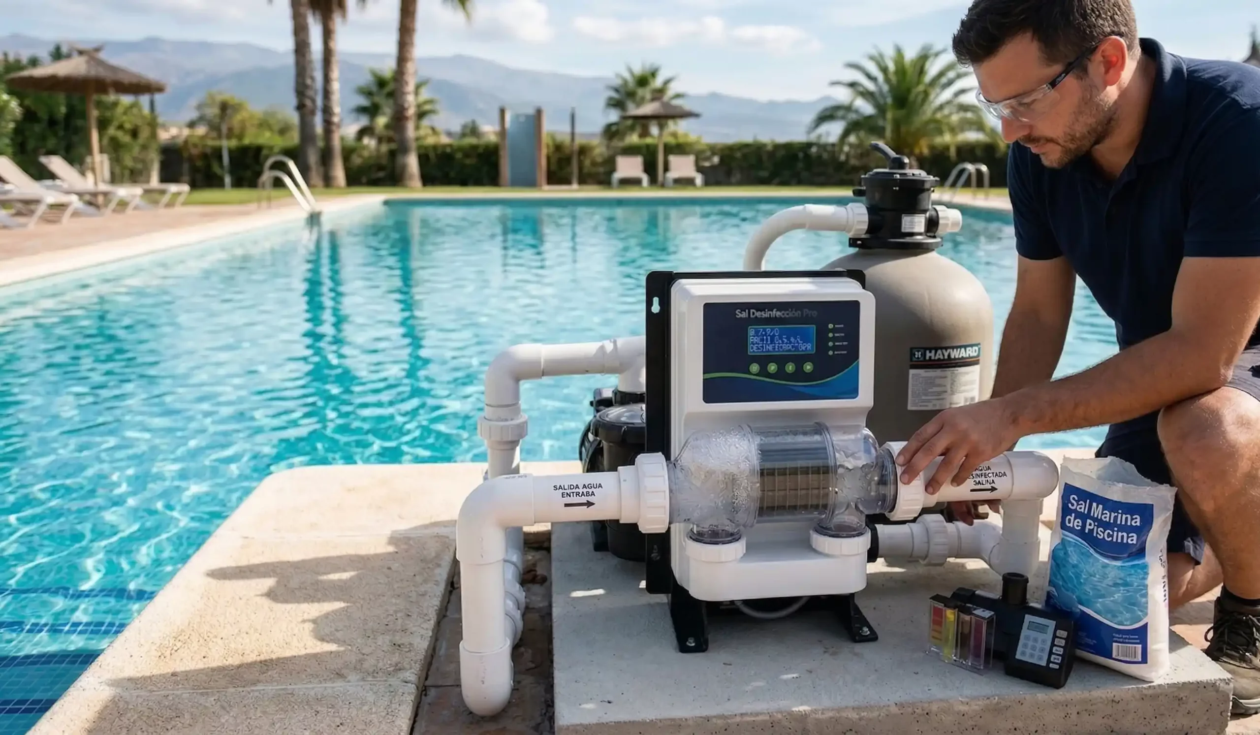 Sistema de electrólisis salina para desinfectar agua de piscina sin químicos agresivos.