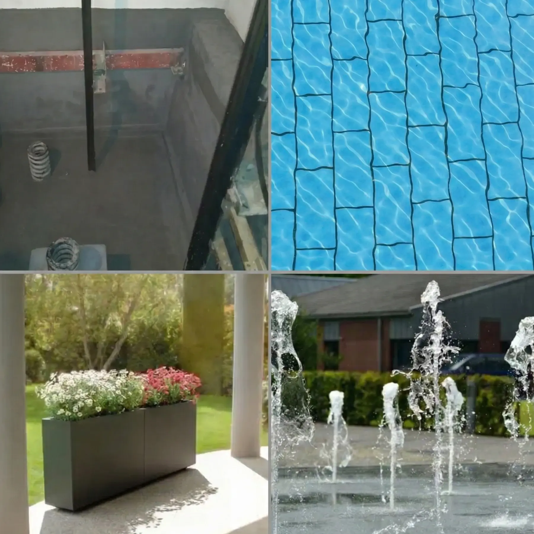 Ejemplos de proyectos terminados por nuestra empresa, incluyendo obras en huecos de ascensor, construcción y mantenimiento de piscinas, diseño de jardines y maceteros, e instalación de fuentes de agua.