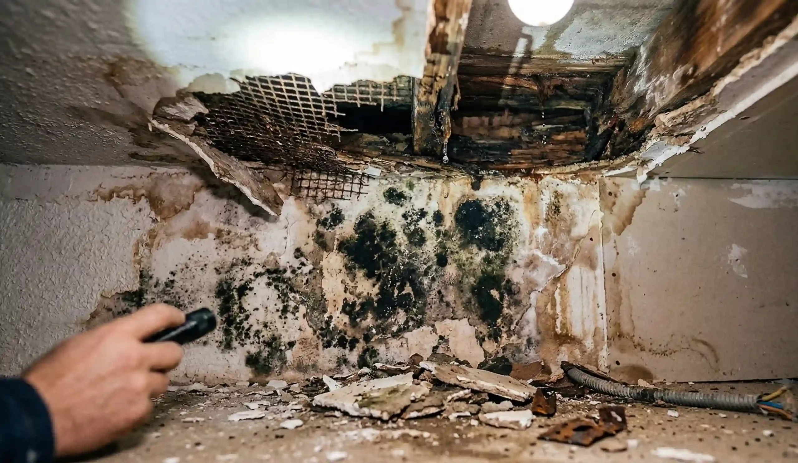 Daños estructurales graves por filtraciones: moho negro, desprendimiento de techo y vigas podridas por falta de impermeabilización.