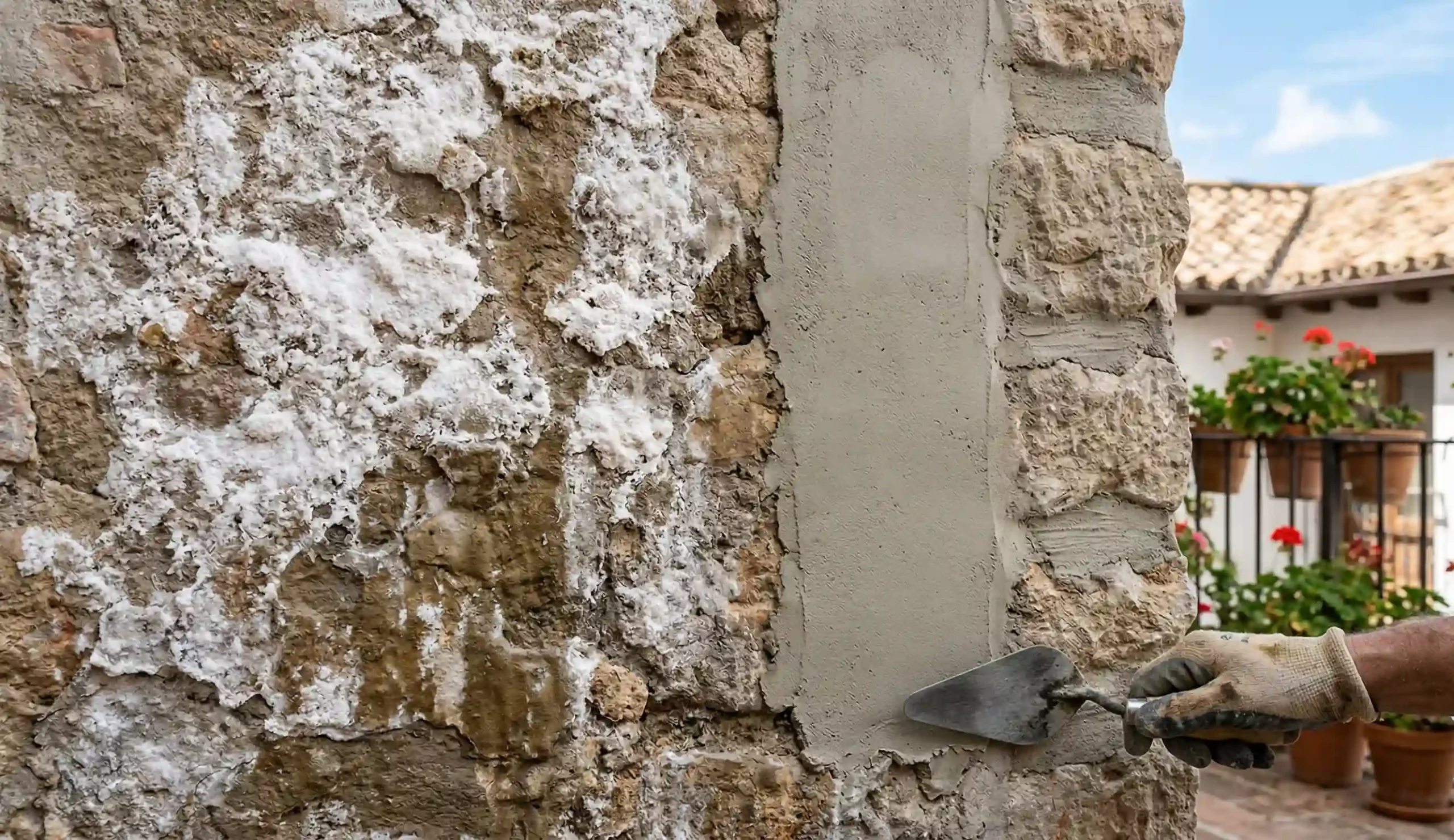 Tratamiento de eflorescencias y salitre en muros de Granada.