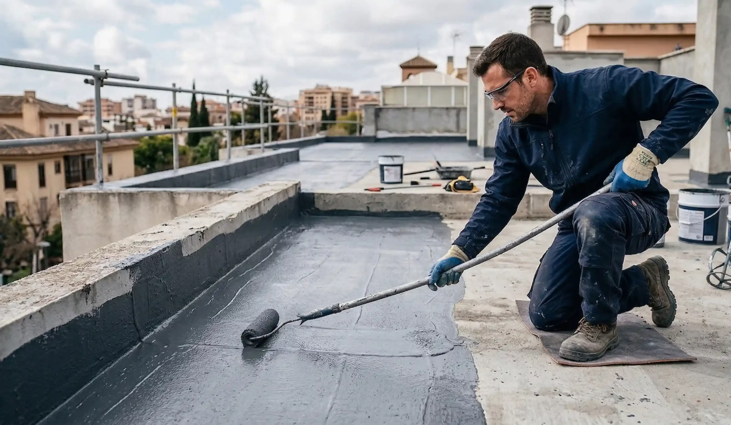 Profesional aplicando tratamiento de impermeabilización en una cubierta de Granada.
