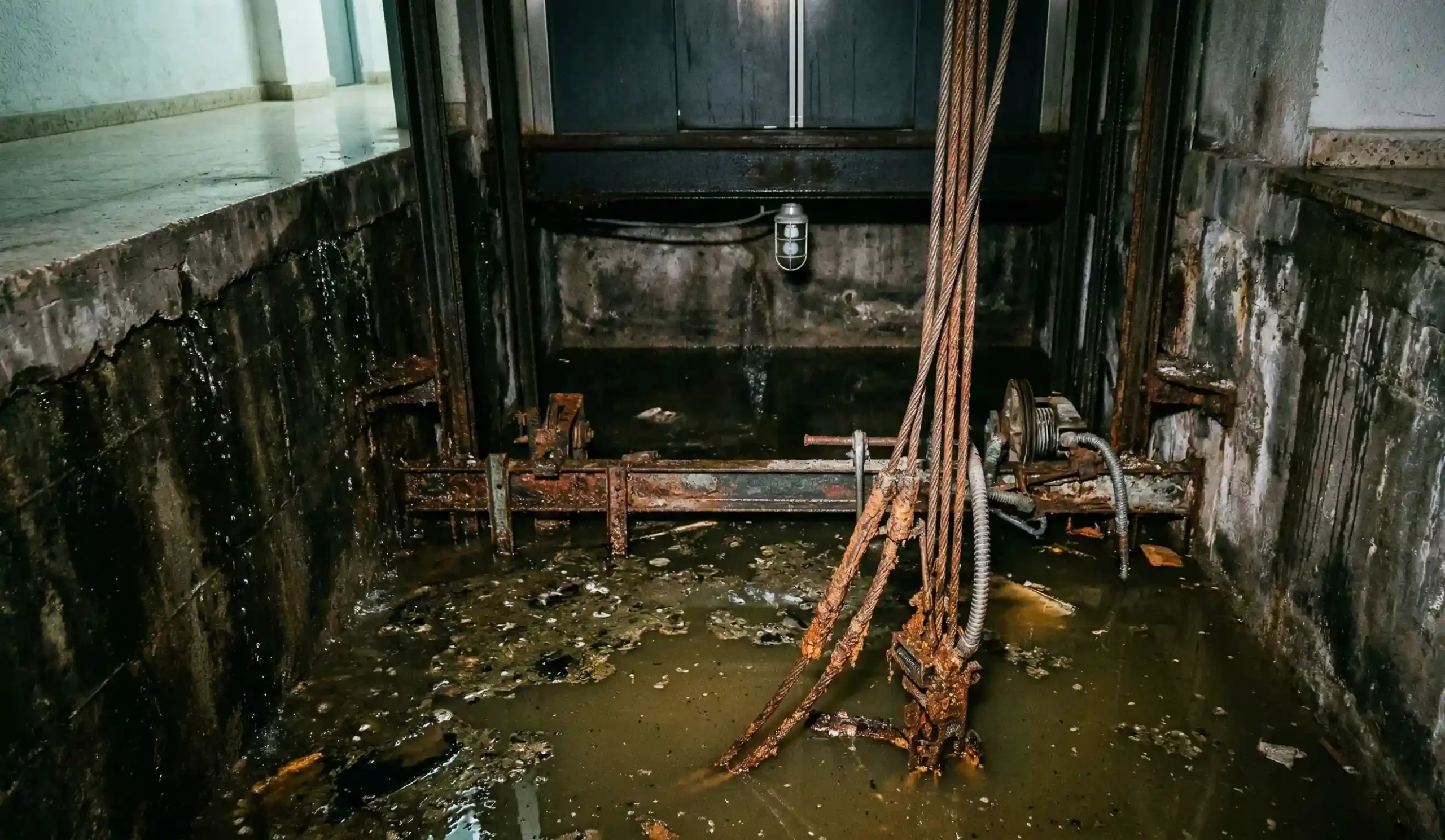 Foso de ascensor inundado por filtraciones de agua subterránea mostrando cables oxidados.