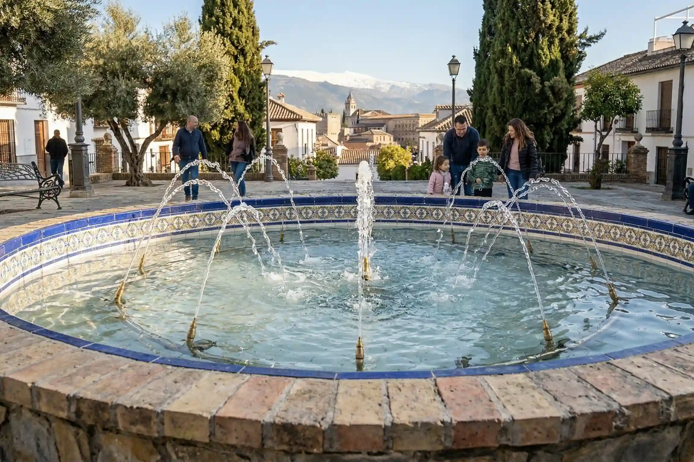 Resultado final de fuente ornamental rehabilitada e impermeabilizada en Granada.