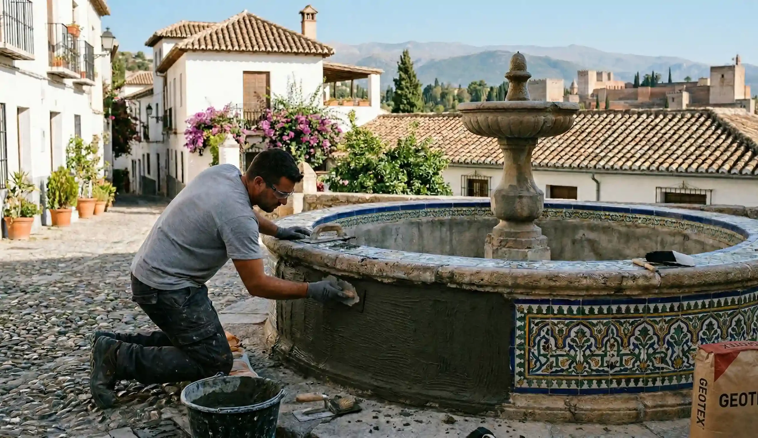 Aplicación de mortero elástico impermeable en vaso de fuente comunitaria en Granada.