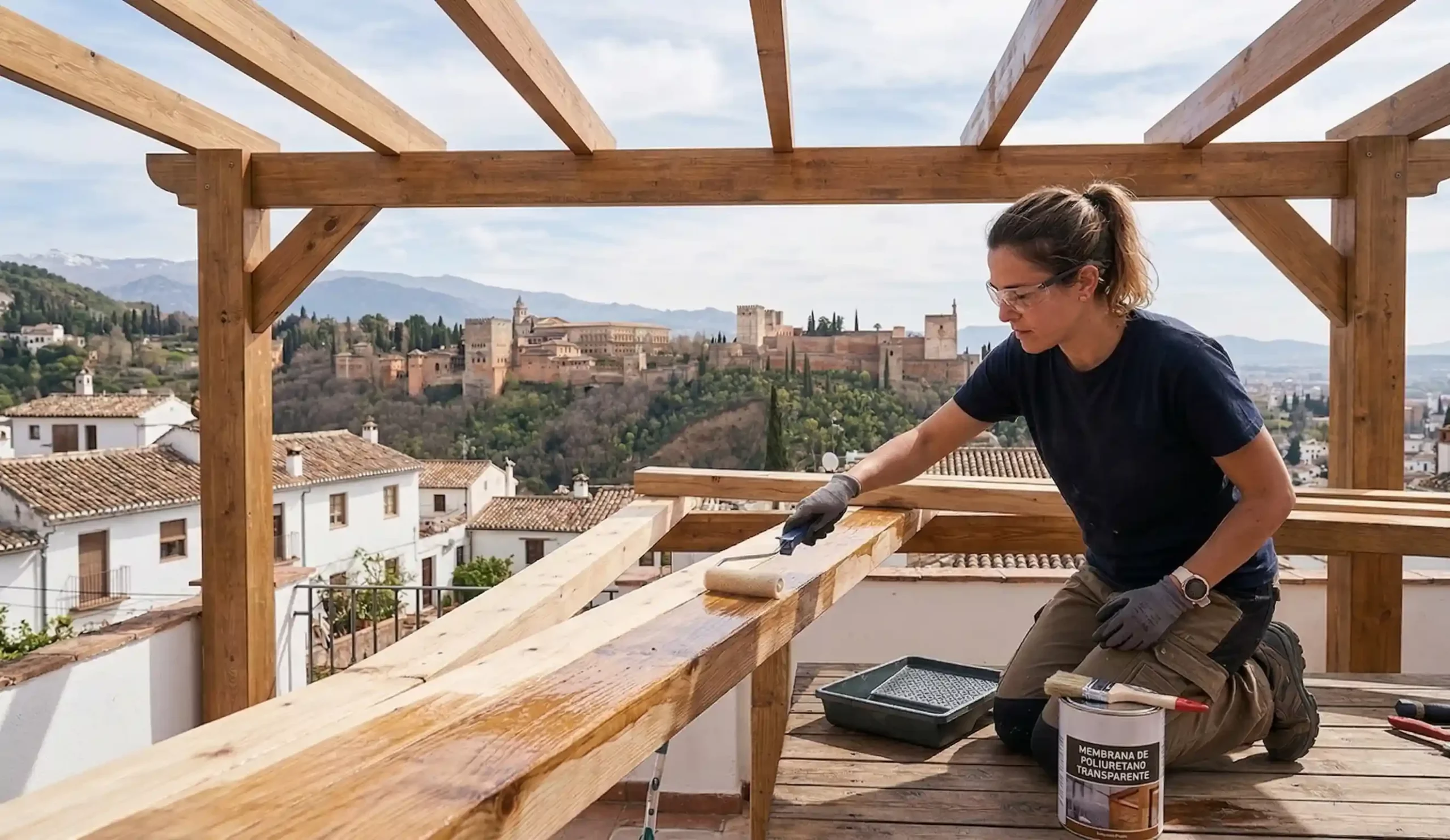 Aplicación de membrana transparente de poliuretano sobre estructura de madera en Granada.