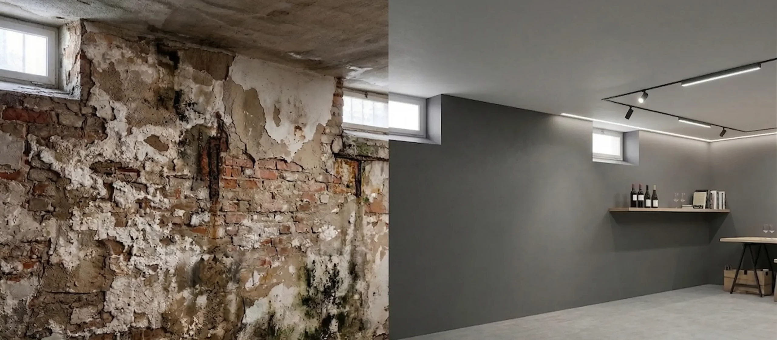 Comparativa de un muro con salitre y un sótano rehabilitado con morteros impermeables en Granada.