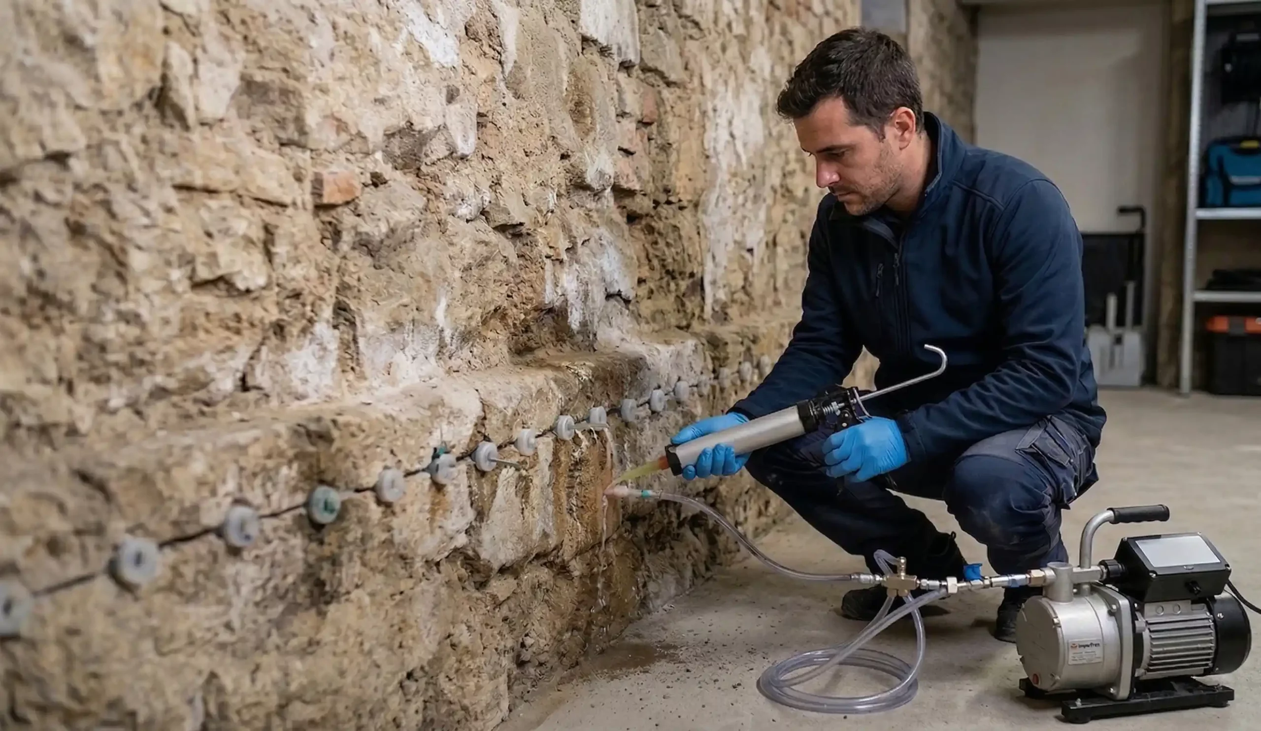 Técnico aplicando inyecciones químicas para cortar la humedad por capilaridad en muro de piedra.