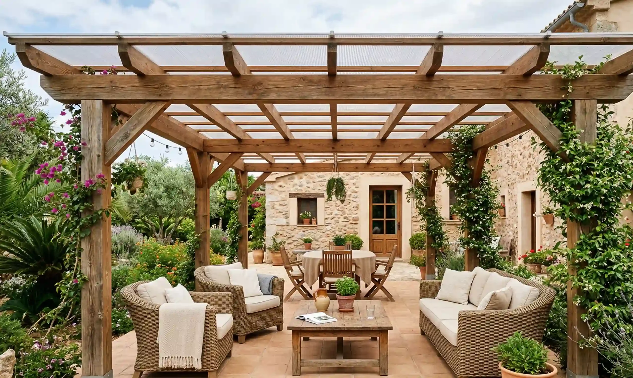 Pérgola de madera protegida contra la lluvia y el sol con sistemas ImperFran.