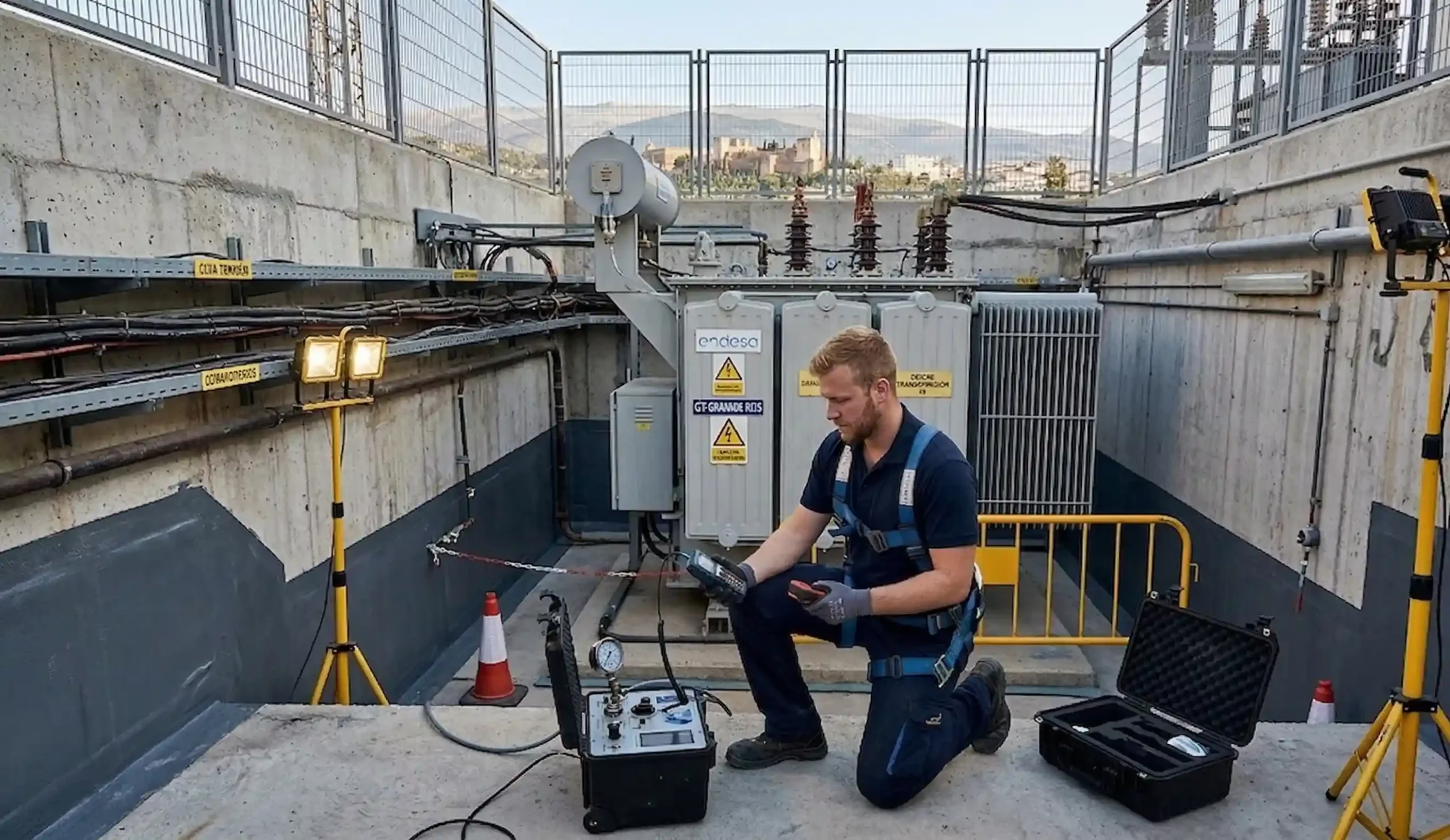 Inspección de estanqueidad en un foso de transformador eléctrico industrial.