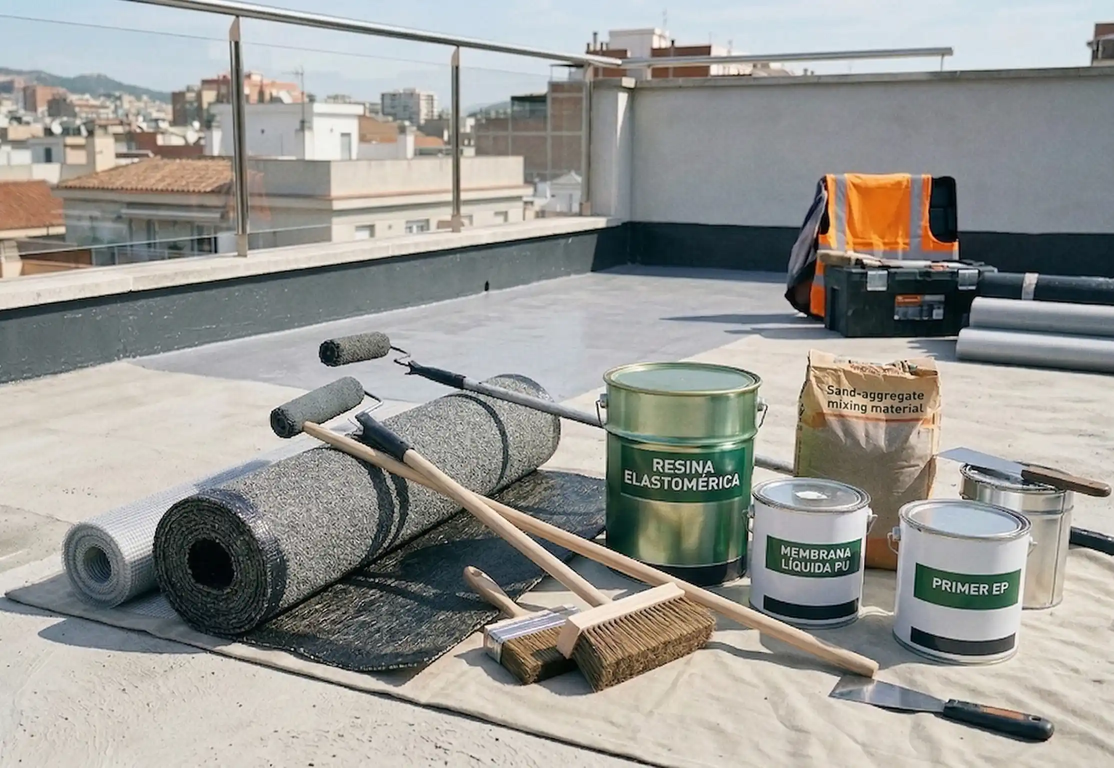 Selección de materiales como tela asfáltica y resinas para evitar humedades en edificios.