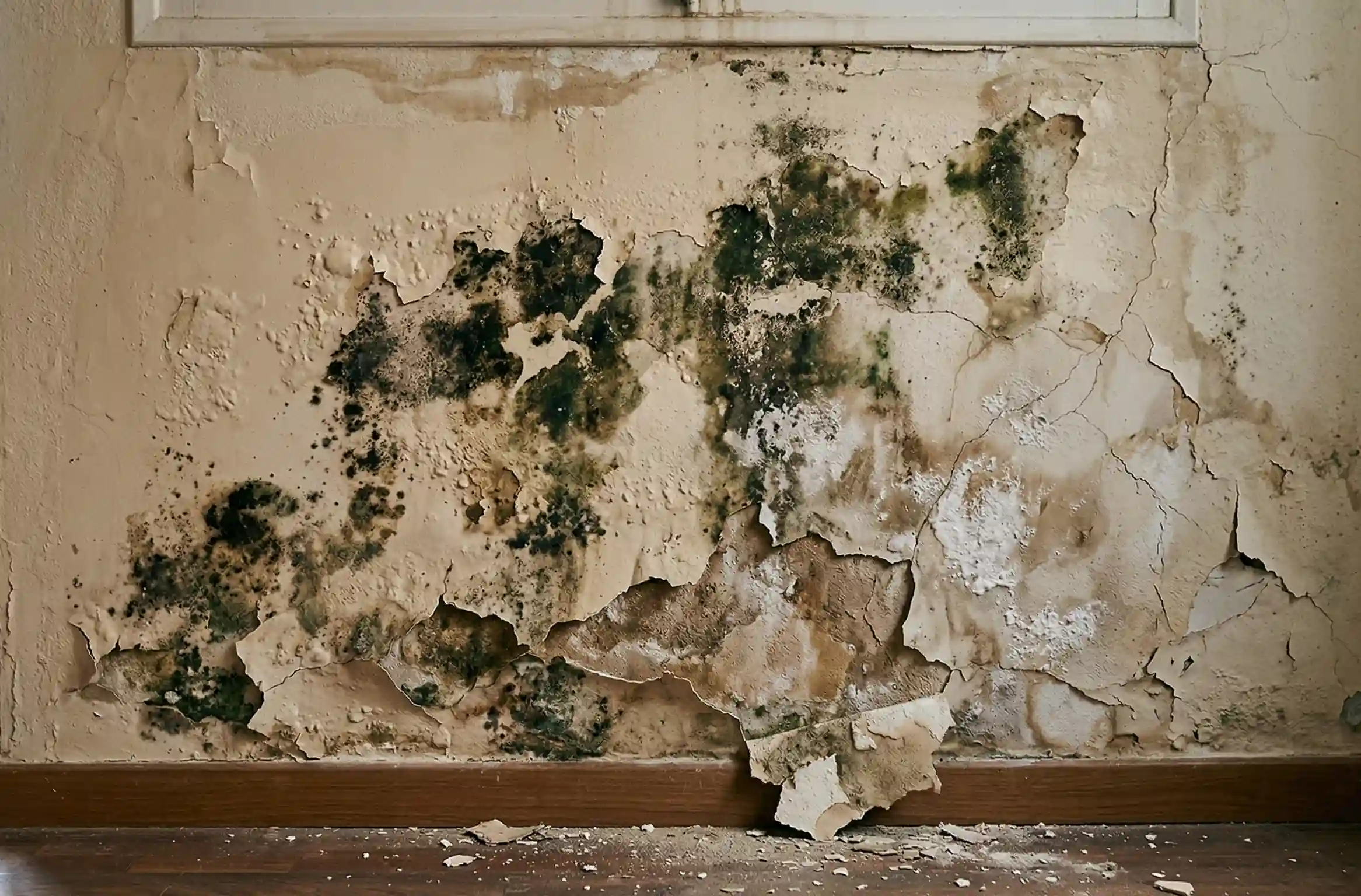 Pared con daños por humedad y moho que requiere tratamiento de impermeabilización.