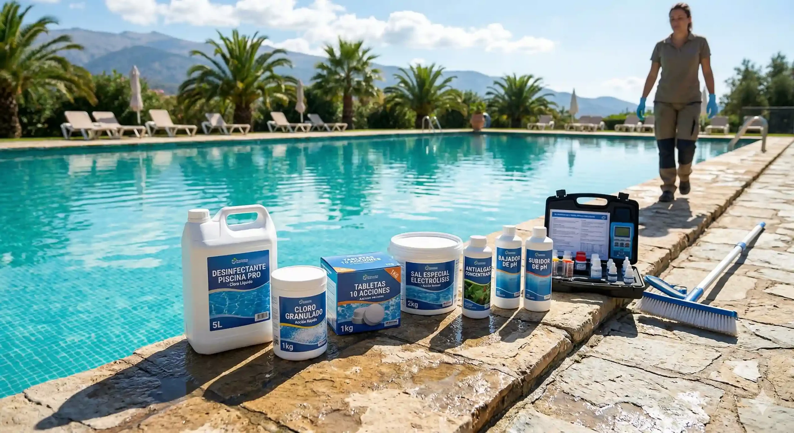 Gama de productos químicos para la desinfección de piscinas: cloro, algicida, regulador de pH y kit de análisis profesional al borde de una piscina cristalina.