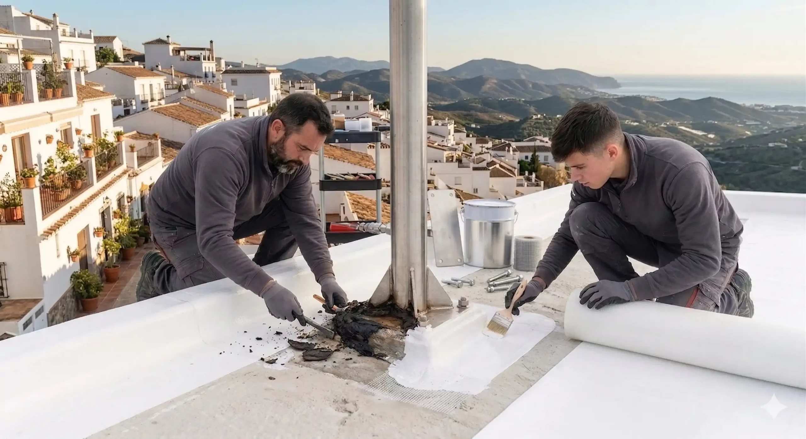 Reparación técnica de una filtración causada por un anclaje de seguridad mal sellado.