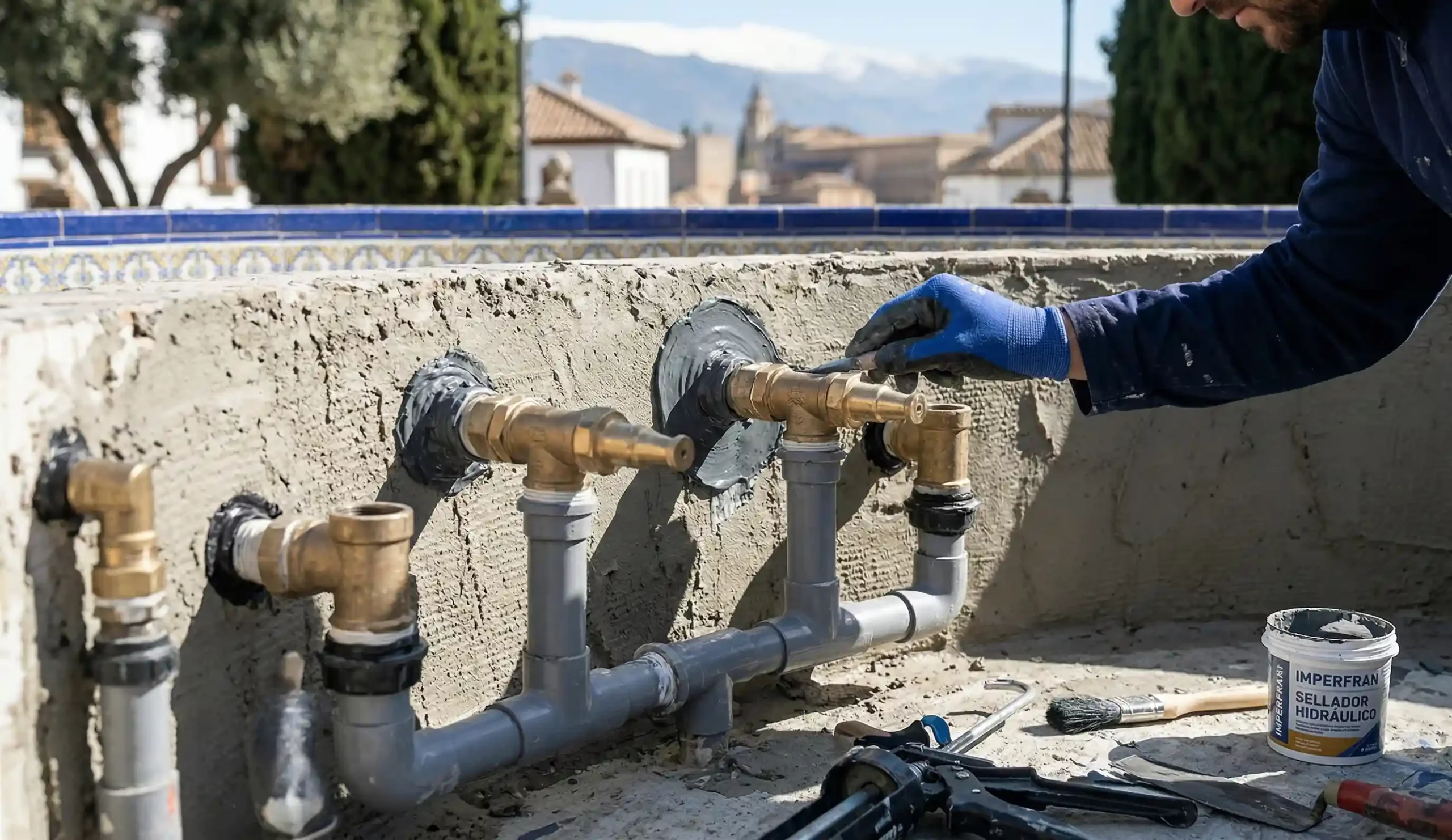 Sellado técnico de boquillas y tuberías en fuentes para evitar fugas de agua.
