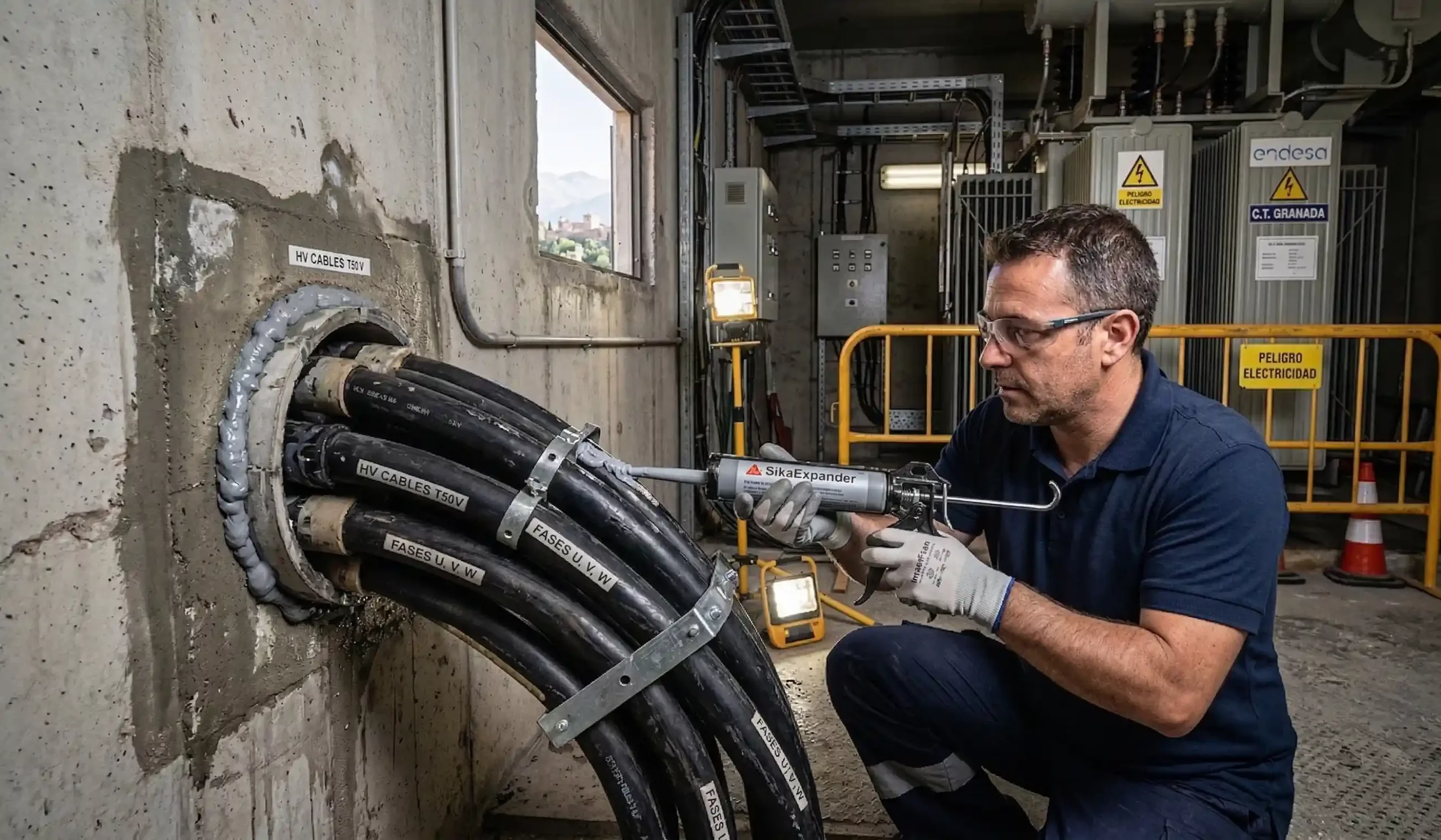Aplicación de resinas expansivas en entrada de cables de alta tensión para evitar entrada de agua.