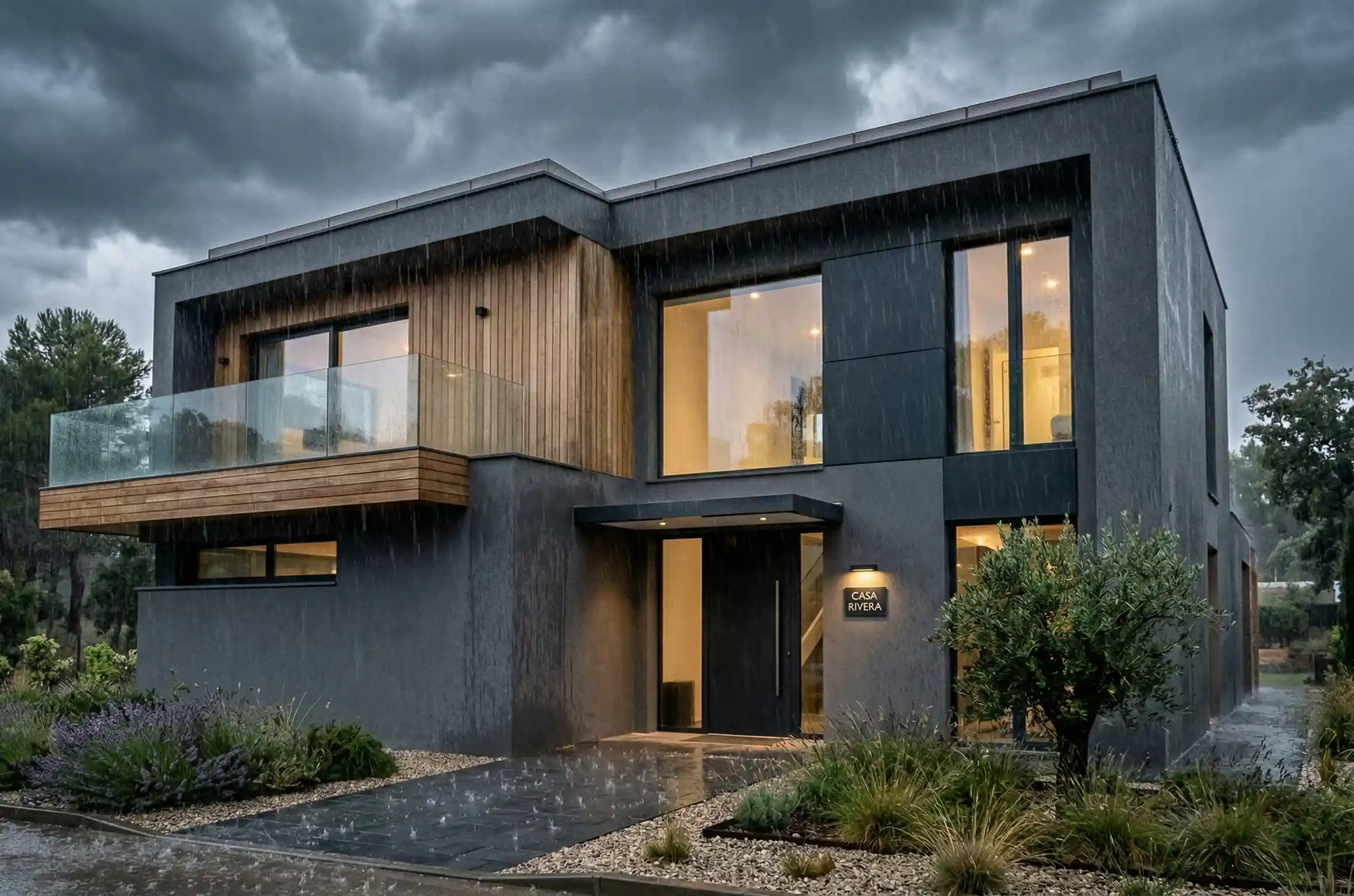 Fachada de vivienda moderna perfectamente impermeabilizada frente a lluvia intensa.